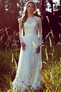 Jewel Neckline Illusion Long Sleeve Wedding Dress With Appliques 