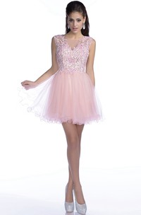 Sleeveless Short A-Line Tulle Prom Dress With Sequined Lace Bodice