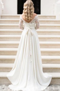 Bateau Chiffon Lace Illusion 3/4 Length Sleeve Wedding Gown