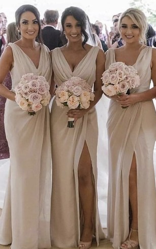 Sexy Sleeveless Sheath Deep V-neck Bridesmaid Dress With Front Split And Ruching