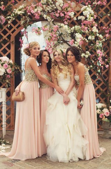 pastel peach bridesmaid dresses