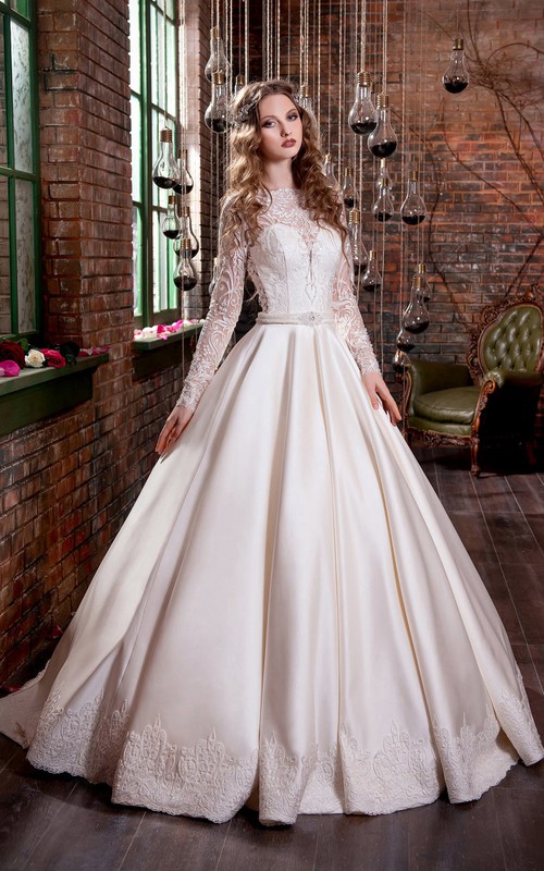 Jewel Appliqued Satin Waist Jewellery Ball-Gown Princess Illusion Dress