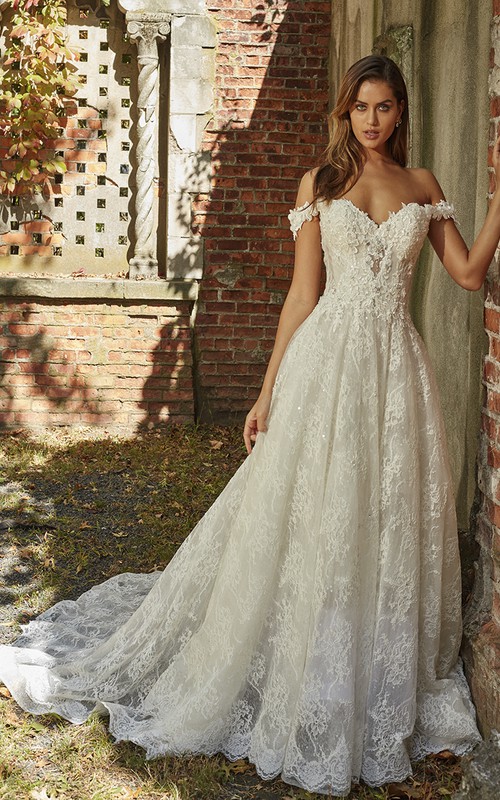 Adorable Off-the-shoulder Sweetheart A-line Wedding Gown With Lace Appliques And Open Back