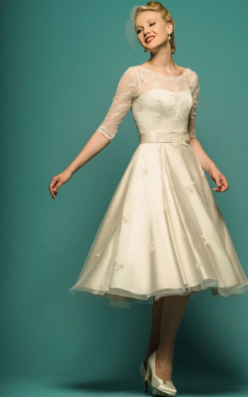 Bateau Illusion Half Sleeve A-line Tea-length Wedding Dress With Appliques