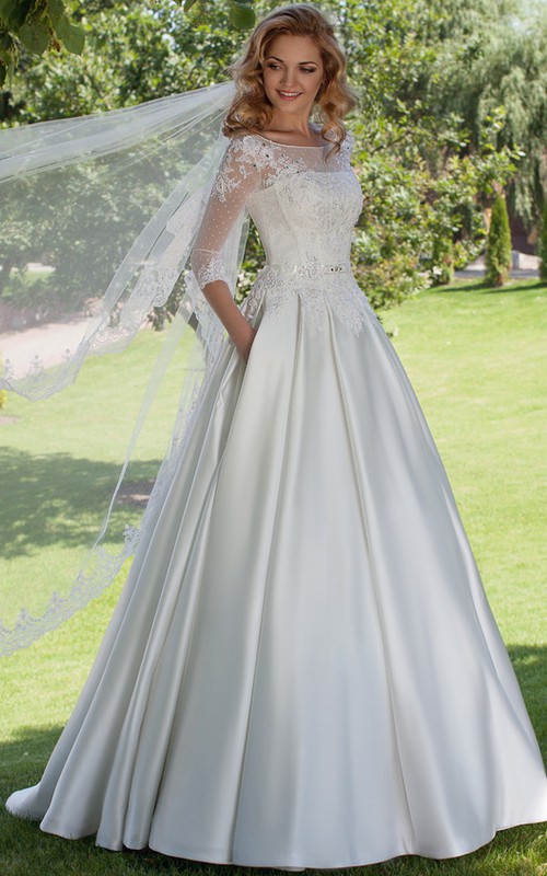 Bateau 3-4-sleeve A-line Satin Wedding Dress With Illusion And Lace