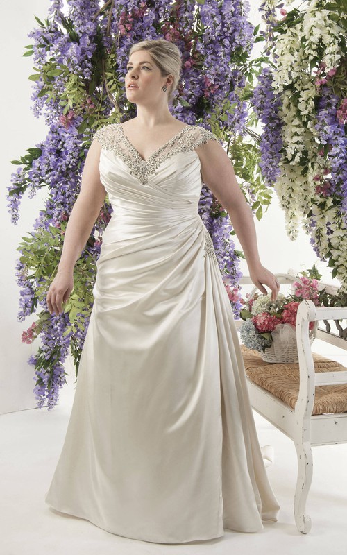 Plunged Cap-sleeve side-draped Satin Dress With Beading And Illusion