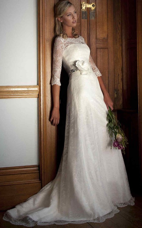 Bateau Half Sleeve Lace Wedding Dress With floral Embellished Waist