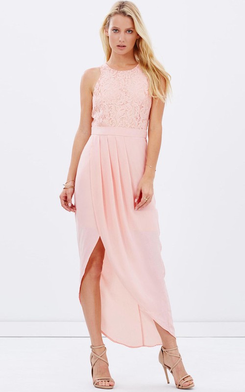 jewel-neck Sleeveless Split Front Dress With Lace top