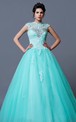 Appliqued Beading Cap-Sleeve High-Neckline Gown