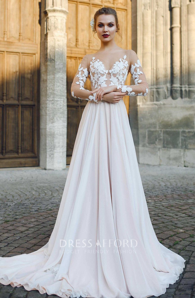 chiffon wedding dress with illusion lace sleeves