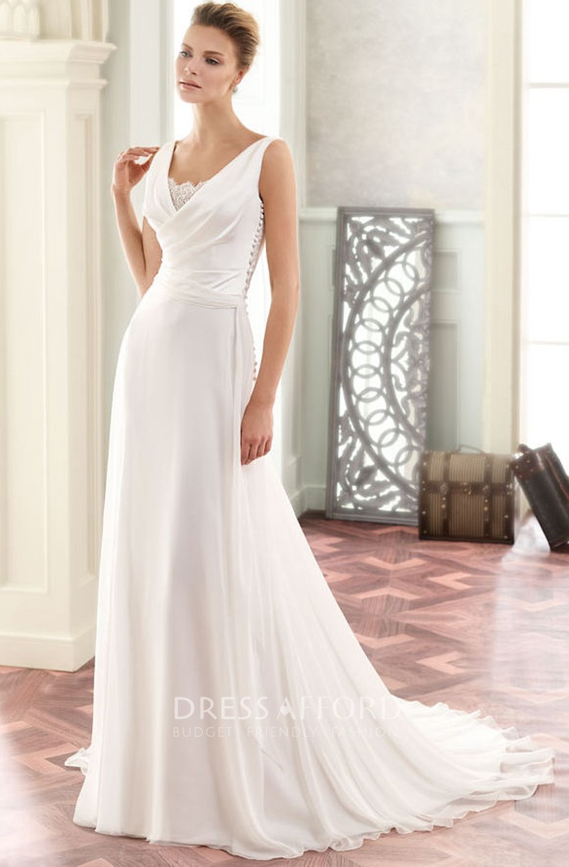 Casual V Neck Sleeveless Draped Wedding Dress With Sweep Train Dress Afford